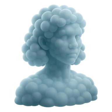 person looking straight, composed entirely of bright convex clouds, shoulder length, matte glass style sticker