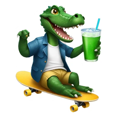 alligator riding skateboard while holding a drink sticker