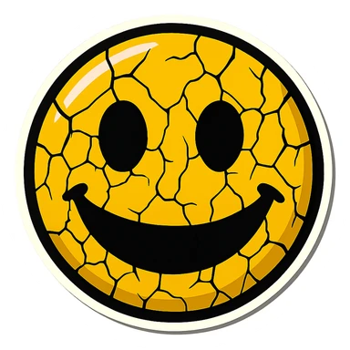 creepy emoji with cracks, empty eyes and wide smile, retro stickers style, sharp black outlines, clear shadows and highlights, no gradients sticker