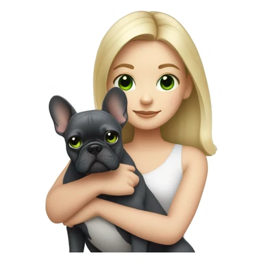 A blonde girl with green eyes with a square hugs a dark gray French bulldog sticker