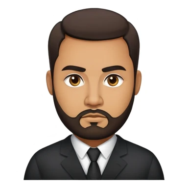Heavier-set producer with light brown skin, pear-shaped face, full cheeks, serious dark eyes, thick eyebrows, wide nose, confident expression, short well-groomed beard, very short dark hair, wearing a black dress shirt sticker