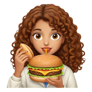 Arab girl with brown curly hair with Carmel highlights eating a burger sticker