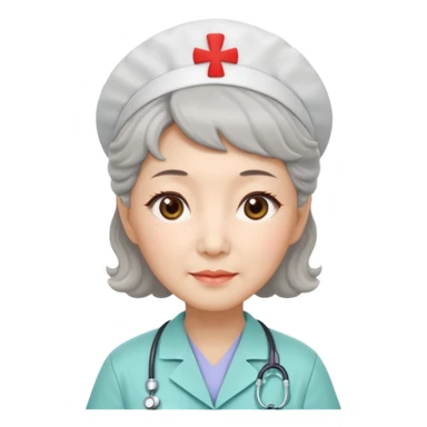 Chinese woman 62 years old, kind caring expression, short practical perm, brown eyes, pastel colored nurse uniform (retired) sticker
