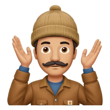 Woodworker thick mustache knit cap Carharttk shirt hand raised above head small eyes sticker