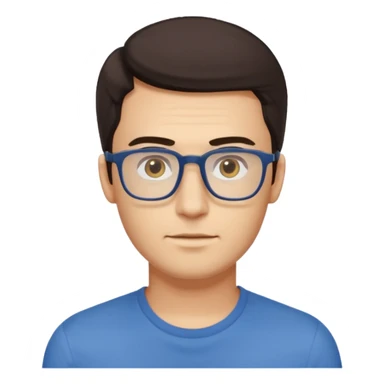 a young man around 30 years old, dark brown eyes, with dark brown hair, longer rectangular face, longer jaw, light yellow skin color, small eyes with rectangle shape glasses, without beard, no forehead wrinkles, wear deep blue shirt sticker