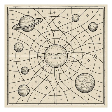 a design for an decorative black and white map, showing linework of galactic planets and a galactic ley lines. matrix map. black linework. neat and minimal design, showing expanse and hazards deep into space beyond the galactic core

 sticker