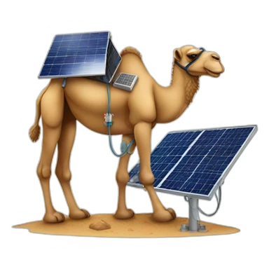 Camel working as solar panels technician while standing next to a solar panel sticker