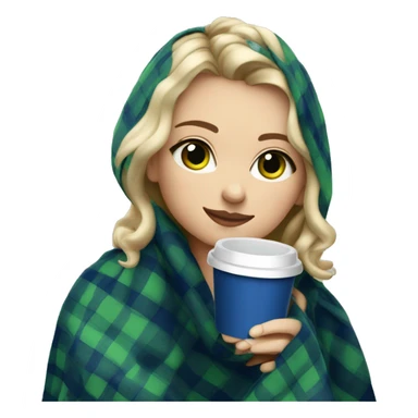 cute dirty blonde girl with green hazel wrapped in dark blue plaid blanket drinking coffeeemoji sticker