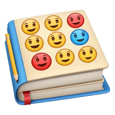 A textbook with the letters of "emoji" on its cover, where the word "emoji" is split into multiple individual letters for use. sticker