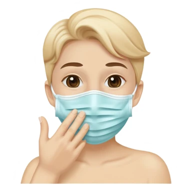 person with a mask, hand near mouth, showing good hygiene, cheerful sticker
