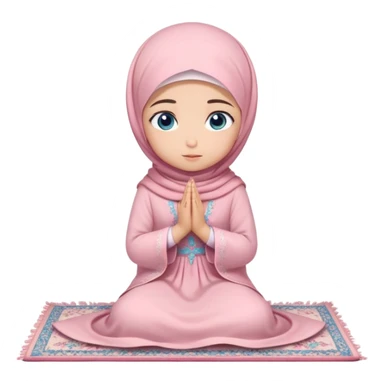 Turkish beautiful finish Konya muslim girl blue eyes with powder pink color flower hijab long tail dress and sits on the pray mat namaz on the ground with dua  sticker