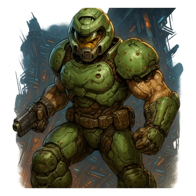 doom slayer, classic green armor, aggressive look, sci-fi background, detailed, dynamic lighting sticker