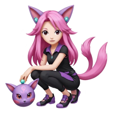 Female pokemon trainer, with long pink hair and wearing black. She’s standing confidently holding a pokeball and espeon by her feet  sticker