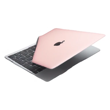 A sleek and modern MacBook Air laptop in a soft pastel pink color, placed on a white background. The Apple logo on the back of the screen is black, contrasting elegantly with the pink finish. The laptop is slightly open, showing a glimpse of the black keyboard and silver edges. The design is minimalist and stylish, reflecting a premium aesthetic. sticker