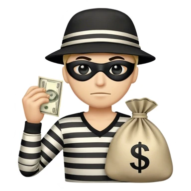 Cartoon-Räuber mit schwarzer Augenmaske, gestreiftem Shirt, schwarzer Mütze und einem Geldsack mit $-Zeichen. sticker