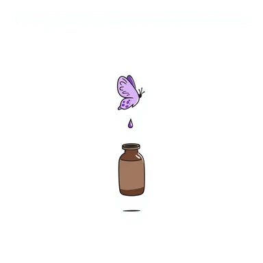 Small brown bottle floating with dim light, with a purple drop suspended in the air, slowly spinning in front of a luminous butterfly representing the thyroid gland sticker