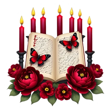 A dark, romantic composition featuring deep red peonies and pansies intertwined with blackened love letters, surrounded by glowing crimson candles. Butterflies in various shades of red flutter around Gothic crosses, creating an eerie yet passionate atmosphere. sticker