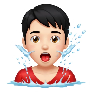 a peach splashing water in boy's mouth above his head with black hair and red dress sticker