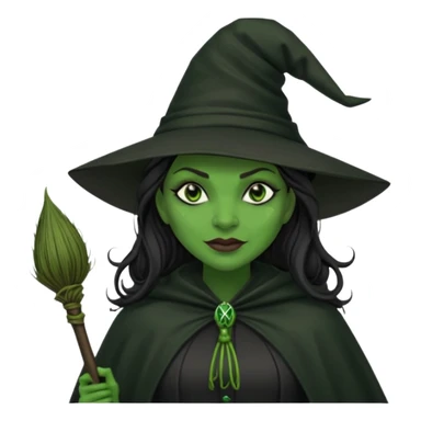 elphaba wicked witch with broom close up, evil dark coily long dark hair, green skin, thick green lips, cheekbones, smirk evil menacing cythia erivo dark aesthetic black hat cloak black broom sticker