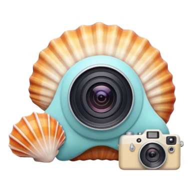 A seashell with a tiny camera next to it, symbolizing capturing beach memories. Playful, modern emoji style, soft pastel colors, white background. sticker