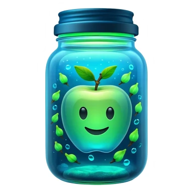 3D render of Firefly Jar, bioluminescent deep sea style, glowing neon blue and green lights, dark background to contrast the glow, translucent organic textures, Apple emoji style. sticker