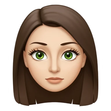 40 year old Adult woman avatar, light skin tone, oval face, long straight ashy brown hair, green almond-shaped eyes with dramatic eyelashes and minimal eyeliner, neutral mouth, medium straight eyebrows, small nose, smooth skin sticker