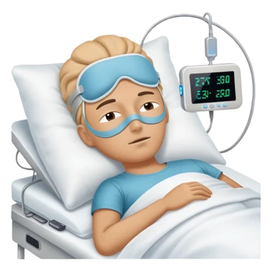 Sleep laboratory with sleep monitoring equipment, bed with person sleeping, brain wave monitors sticker