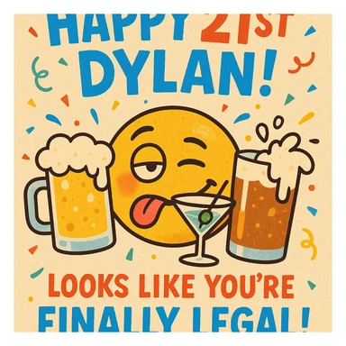 Funny 21st birthday card for Dylan featuring a tipsy emoji, overflowing drinks, headline 'Happy 21st Dylan!', confetti, bold playful fonts, and a joke about finally being legal. sticker