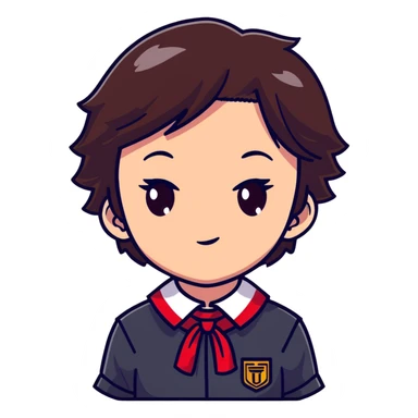 Ayanokoji with cold, expressionless face, sharp brown eyes, dark brown hair, red school uniform, serious vibe sticker
