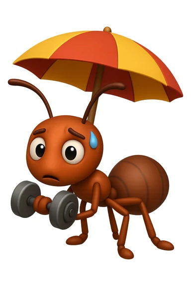 EMOJI STILE IPHONE 3D DI una formica che si allena sotto l'ombrellone in spiaggia con un manubrio da palestra in mano, fagli anche la parte bianca degli occhi, non solo la pupilla sticker