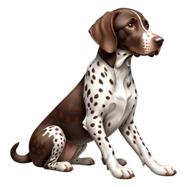 cinematic-[spotted german pointer]-realistic-full-body-sitting-emoji,-tail-resting-loosely-beside-its-paws,-head-tilted-dramatically,-sleek-[brown spotted]-fur,-simplified-yet-realistic-focused-features,-highly-detailed,-glowing-with-an-almost-sarcastic-glow sticker