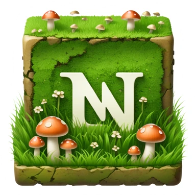 Notion logo as a square block covered in grass with small mushrooms growing on it, letter N visible sticker
