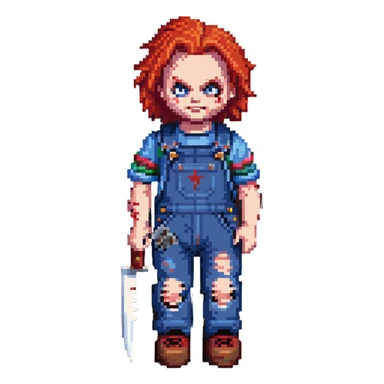 Chucky doll from Child's Play horror movie with red hair, scarred face, blue overalls and a knife sticker