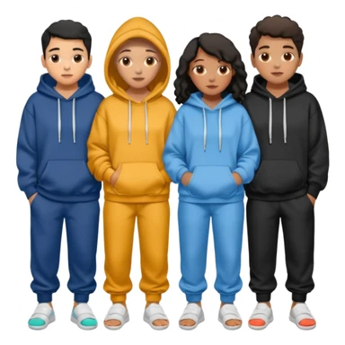 four mixed race friends all wearing oversized hoodies, sweatpants, and slides huddled together  sticker