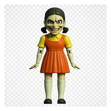 Modify the expression to be scary with wide, intense eyes, furrowed brows, and a sinister, unsettling smile. Keep the style and character the same, only change the eyes and mouth. sticker