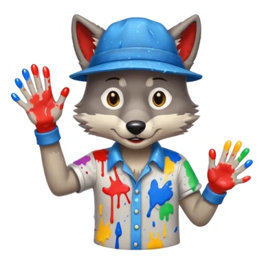 Wolf cartoon shaking hand wering hat and paint shirt children version  sticker