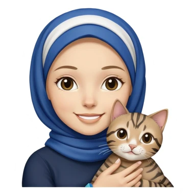White girl wearing dark blue hijab with white shirt smiling while holding a black stripes tabby cat sticker