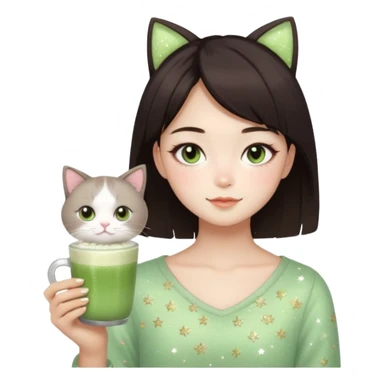 asian girl with shoart dark brown hair with a soft girl glowup aesthetic. matcha latte sparkles girly things, 2 ragdoll cats, skincare, makeup sticker