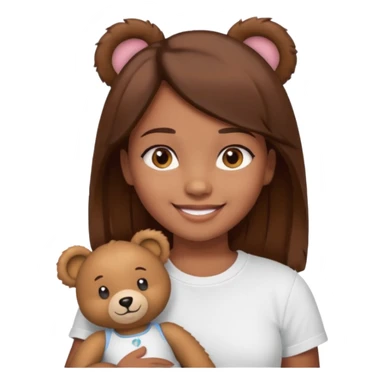A Girl with Brown hair and Brown eyes with a t-shirt White. The t-shirt have dels a Teddy bear sticker