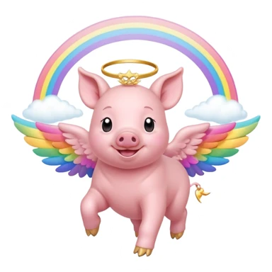 smiling piglet with angel wings and a halo, joyfully skipping across a rainbow bridge sticker