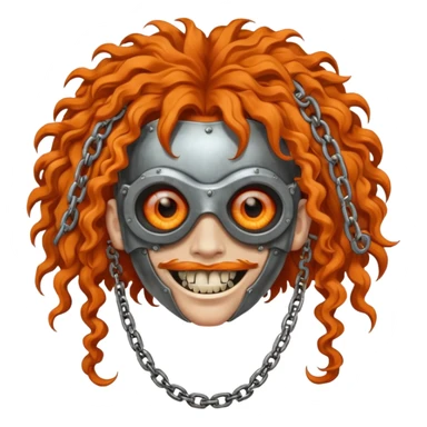 steam-punk Megadeth - iconic mascot with rusty metal eye covers and chains on his teeth, orange curly huge hair sticker