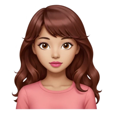 gorgeous woman, light tan skin, dark brown eyes, very long wavy auburn hair, bangs, pink top, coral lipstick, cool, model, mixed asian and latina sticker