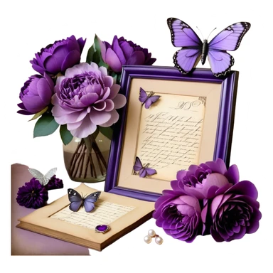 An antique love letter bundle, bound delicately with a purple silk ribbon, rests beside an arrangement of dried blush violet roses, lilac peonies, and soft purple dahlias, while a silver butterfly brooch adorned with pearls seems to pause, captivated by the deep violet inked calligraphy flowing across the aged parchment. sticker