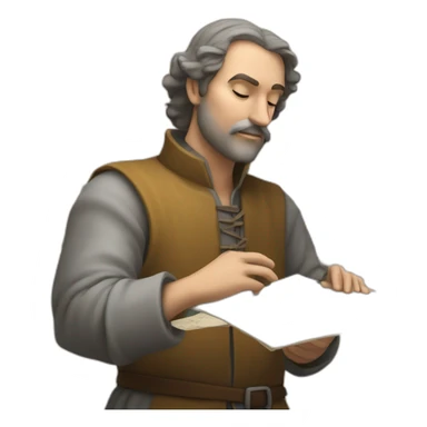 medieval architect in action, thinking over a displayed vertical map of a building sticker