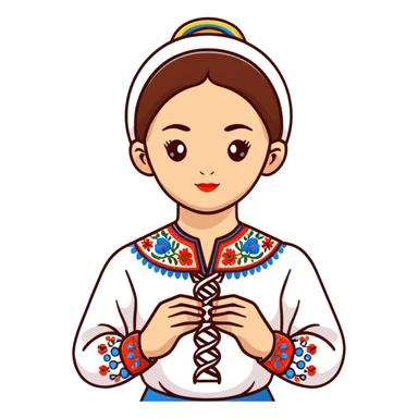 Ukrainian girl in traditional embroidered vyshyvanka shirt holding a DNA molecule in her hand sticker