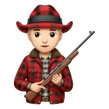 Man wearing buffalo plaid jacket with plaid hat, holding rifle sticker