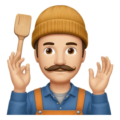 Woodworker mustache knit cap Carharttk shirt hand raised above head sticker