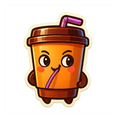 Tall coffee cup, amused, mischievous, drinking coffee with straw, looking sideways sticker