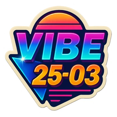 Transform the VIBE25-03 logo into an 80's retro style with neon colors, bold geometric shapes, and vintage synthwave aesthetics. Keep it vibrant and energetic, capturing the essence of classic 80's synthwave visuals with glowing neon lights and dynamic shapes. sticker