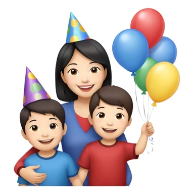 Asian American woman with two young boys 3 and 6 years old celebrating birthday  sticker